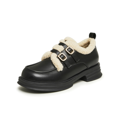 天美意2025春新款商场同款保暖英伦风皮鞋毛毛鞋女单鞋BI071AM5