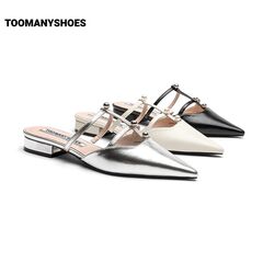 Toomanyshoes女鞋2024新款鱼尾裙尖头穆勒拖粗跟后空银色包头凉鞋