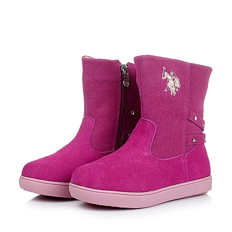 U.S.POLO ASSN./美国马球协会童鞋冬季反毛皮/PU桃红女小童童靴时装靴L50281