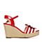 BASTO/百思图夏季红/白色羊皮/PU时尚条纹坡跟女凉鞋16B40BL6