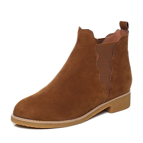 BASTO/百思图冬季专柜同款棕色羊皮休闲方跟女皮靴切尔西靴HW49DD7