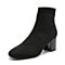 BASTO/百思图2018冬季黑色针织布纯色方头粗跟女短靴袜靴RPT40DD8