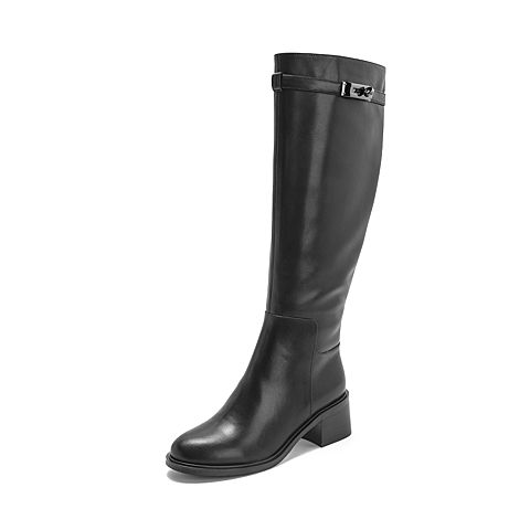 BASTO/百思图2018冬季专柜同款黑色牛皮革方跟女皮靴长靴A3530DG8