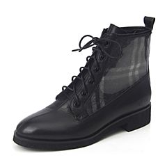 BASTO/百思图2018冬季黑色牛皮革/帆布/PVC格纹方跟女皮靴CD102DD8