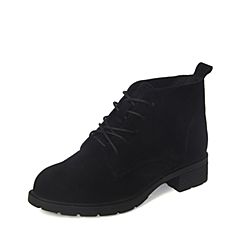 BASTO/百思图2018年冬季黑色牛剖层皮革系带纯色方跟女皮靴短靴YD107DD8