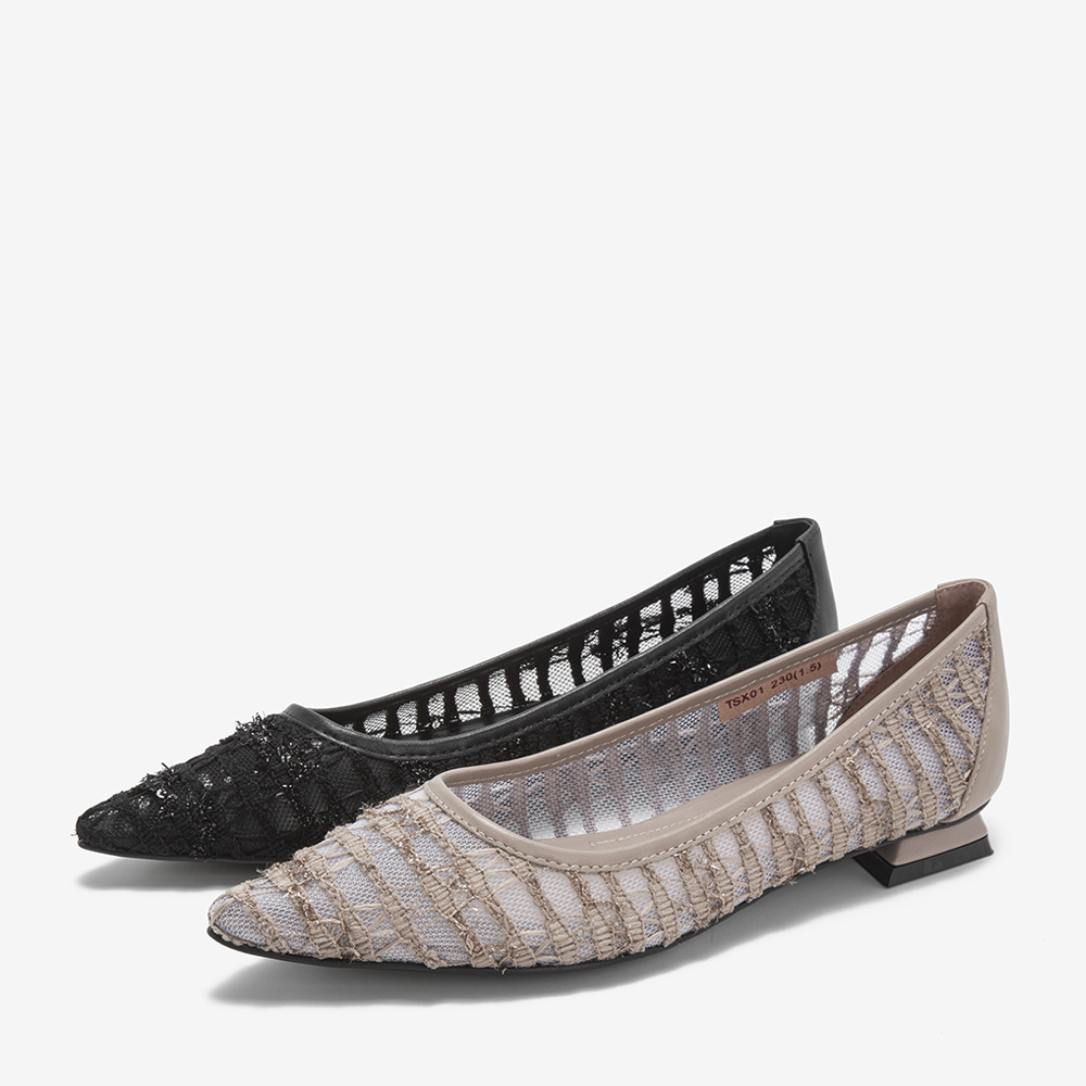 basto/百思图2019春季专柜同款黑色牛皮革/网布镂空尖头浅口女单鞋tsx