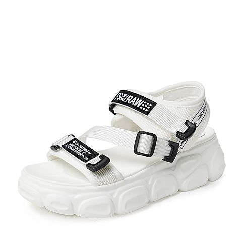 BASTO/百思图夏季白色纺织品拼接露趾坡跟休闲女凉鞋WB011BL9