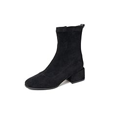 BASTO/百思图2019冬季专柜同款黑色纺织品粗跟中筒靴女靴MD221DD9