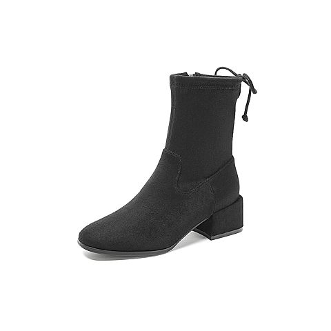 BASTO/百思图冬季专柜同款黑色纺织品英伦风短靴女靴MD222DD9