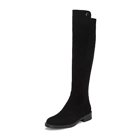 BASTO/百思图冬季专柜同款黑色时尚方跟过膝靴女皮靴A7901DG9