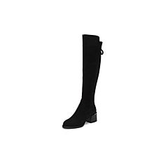 BASTO/百思图2019冬季专柜同款黑色羊皮革绒面瘦瘦靴女皮靴A3548DG9