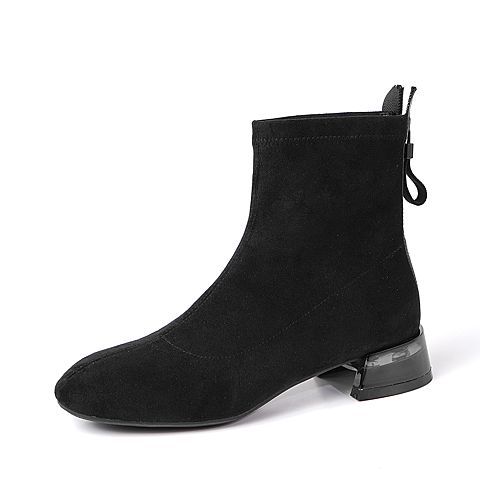 BASTO/百思图冬季专柜同款黑色纺织品后拉链方跟时尚女靴A6759DD9