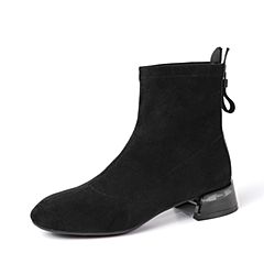 BASTO/百思图2019冬季专柜同款黑色纺织品后拉链方跟时尚女靴A6759DD9