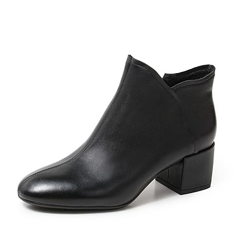 BASTO/百思图冬季专柜同款黑色牛皮革及踝切尔西靴女皮靴A1105DD9