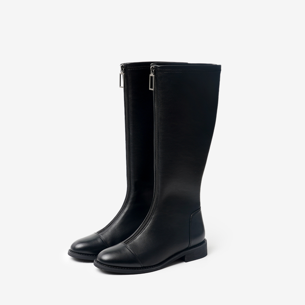 basto/百思图冬季黑色人造革复古时尚瘦瘦靴骑士靴女皮靴mdm17dg9