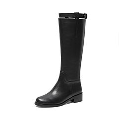 BASTO/百思图2019冬季黑色人造革粗跟骑士靴女皮靴MD055DG9
