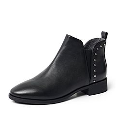 BASTO/百思图2019冬季专柜同款黑色牛皮革复古中筒切尔西靴A8812DD9