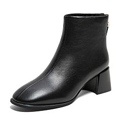 BASTO/百思图2019冬季专柜同款黑色羊皮革复古英伦女皮靴A8110DD9