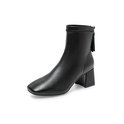 百思图2021冬季新款方头粗高跟优雅气质时装靴女短靴MD017DD1