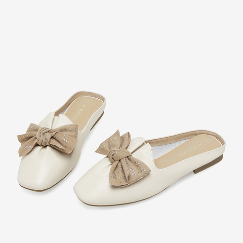 百思图2023夏季新款商场同款时尚蝴蝶结穆勒鞋方跟女拖鞋RO329BH3
