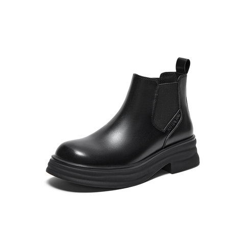 百思图2023冬季新款时尚简约休闲烟筒靴粗跟圆头女短靴CD301DD3