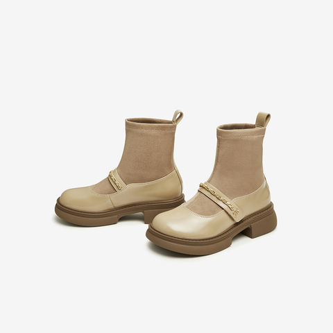 百思图2023冬季新款商场同款时髦法式复古袜靴粗跟女短靴VUM03DD3