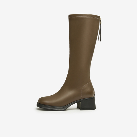 百思图2023冬季新款时尚简约休闲骑士靴粗跟女长靴MD352DG3