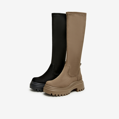 百思图2023冬季新款商场同款时髦街头弹力靴粗跟女长靴A5861DG3