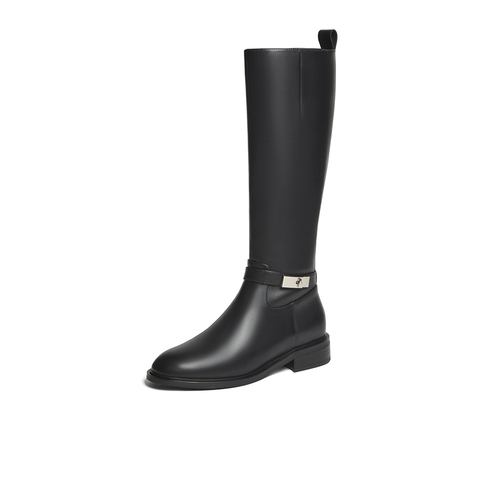 百思图2023冬季新款时髦简约休闲骑士靴粗跟女长靴AX286DG3