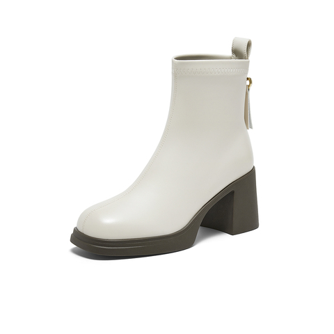 百思图2023冬季新款商场同款时髦简约时装靴粗跟女短靴MD335DD3