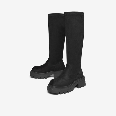 百思图2023冬季新款商场同款时髦简约弹力靴粗跟女长靴ND991DG3
