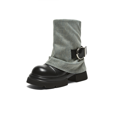 百思图2023冬季新款时尚街头休闲时装靴粗跟女中靴ZD901DZ3