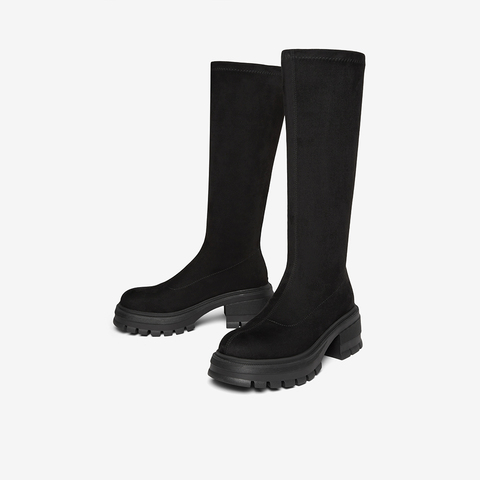百思图2023冬季新款时髦简约休闲弹力靴粗跟圆头女短靴MD820DG3