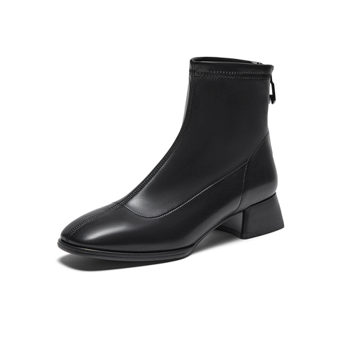 百思图2023冬季新款商场同款简约休闲时装靴粗跟女短靴RFO60DD3