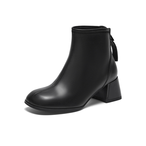 百思图2023冬季新款商场同款时尚圆头时装靴粗跟女短靴TGU46DD3