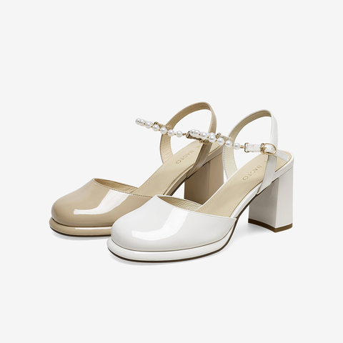 百思图2023夏季新款商场同款时尚珍珠饰粗高跟后空女凉鞋MA110BH3