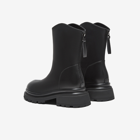 百思图2023冬季新款时尚简约街头时装靴粗跟圆头女短靴M5115DD3