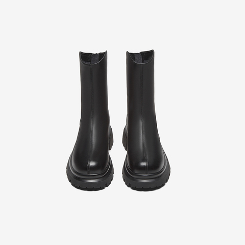 百思图2023冬季新款时尚简约街头时装靴粗跟圆头女短靴M5115DD3