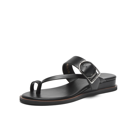 百思图2024夏季新款时尚复古休闲户外一字带坡跟女拖鞋M1071BT4