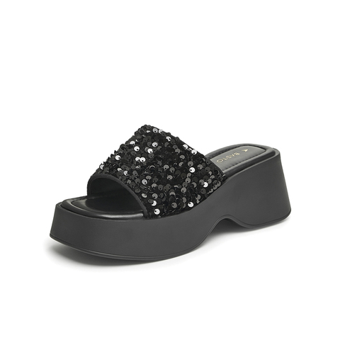 百思图2024夏季新款时髦简约一字拖粗高跟女拖鞋W2021BT4