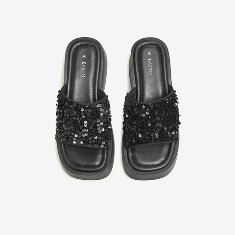 百思图2024夏季新款时髦简约一字拖粗高跟女拖鞋W2021BT4