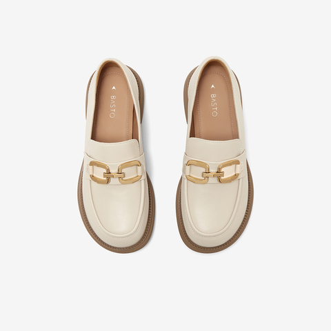 百思图2024春季新款时尚金属扣乐福鞋粗跟圆头女单鞋VHN57AA4