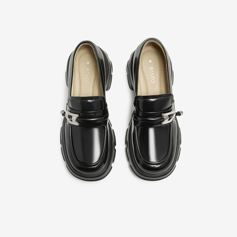 百思图2024秋季新款商场同款时髦学院乐福鞋粗跟女单鞋A2767CA4