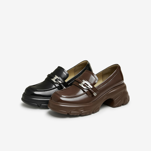 百思图2024秋季新款商场同款时髦学院乐福鞋粗跟女单鞋A2767CA4