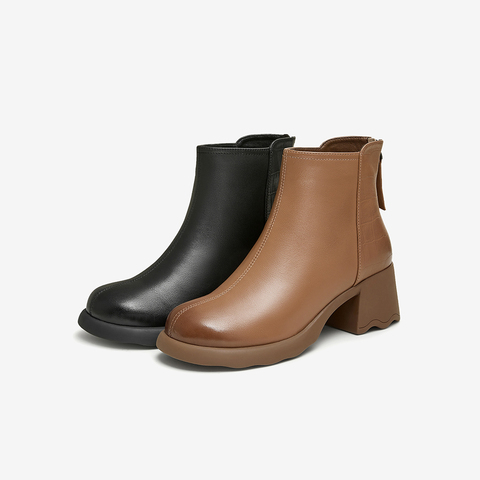 百思图2024冬季新款商场同款简约通勤时装靴粗跟女短靴BD701DD4
