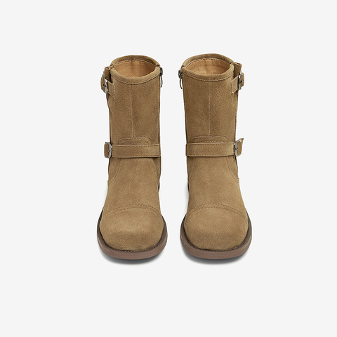 百思图2024冬季新款商场同款复古牛仔靴粗跟女中靴A7272DZ4