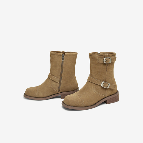 百思图2024冬季新款商场同款复古牛仔靴粗跟女中靴A7272DZ4