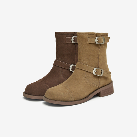 百思图2024冬季新款商场同款复古牛仔靴粗跟女中靴A7272DZ4