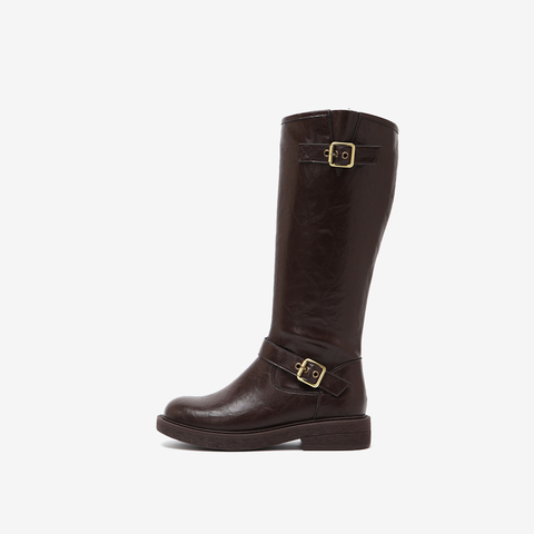 百思图2024冬季新款时尚户外街头骑士靴高筒靴粗跟女长靴W0819DG4