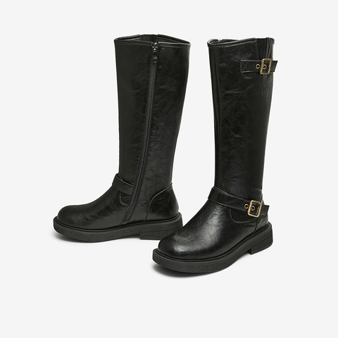 百思图2024冬季新款时尚户外街头骑士靴高筒靴粗跟女长靴W0819DG4